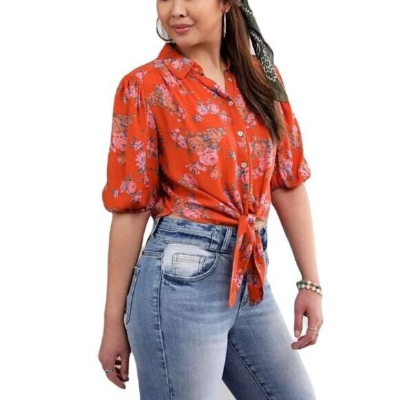 Celia Floral Front Tie Blouse‎ FREE PEOPLE XS - Picture 1 of 7